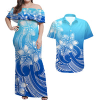 Polynesian Couple Outfits Plumeria Flowers Couples Long Dress and Hawaiian Shirt Polynesian Tribal Gradient Blue LT9 - Wonder Print Shop