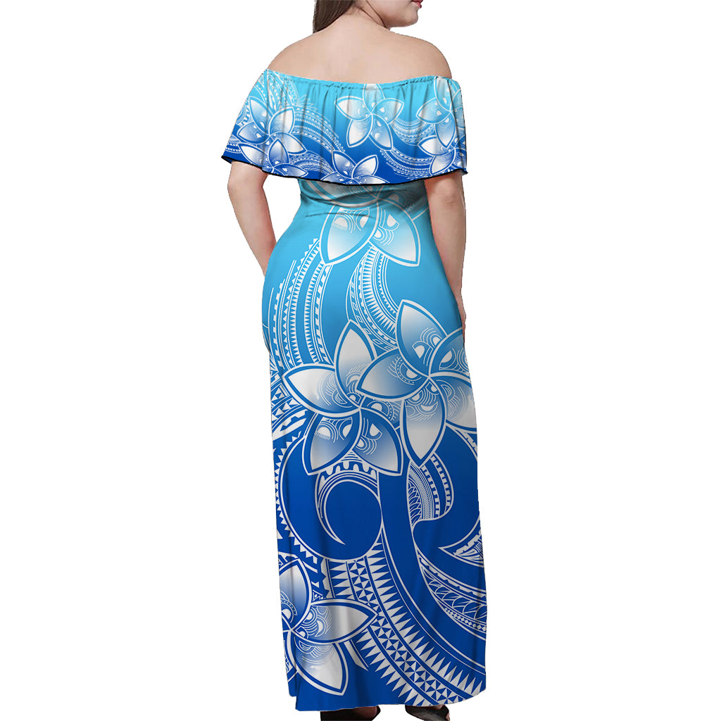 Polynesian Couple Outfits Plumeria Flowers Couples Long Dress and Hawaiian Shirt Polynesian Tribal Gradient Blue LT9 - Wonder Print Shop