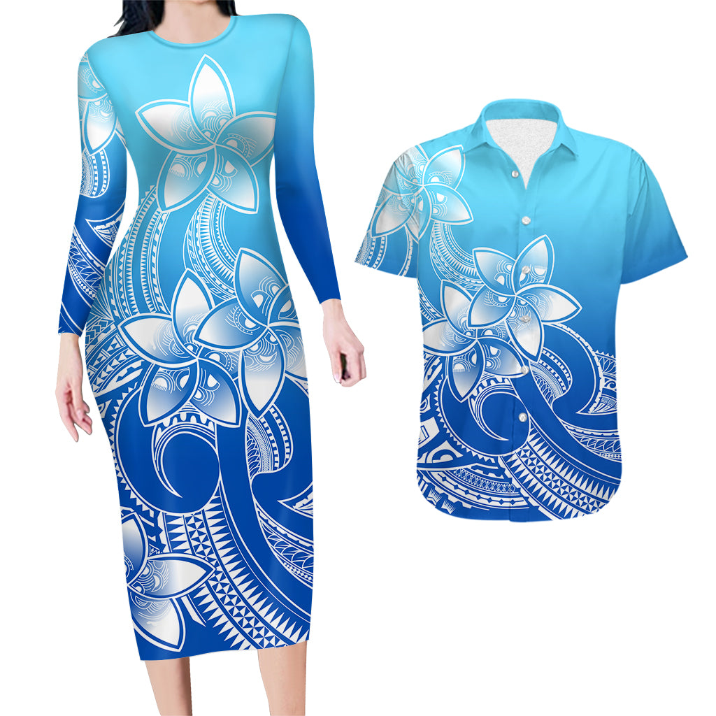 Polynesian Couple Outfits Plumeria Flowers Couples Bodycon Dress Hawaiian Shirt Polynesian Tribal Gradient Blue LT9 - Wonder Print Shop