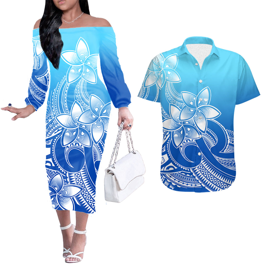 Polynesian Couple Outfits Plumeria Flowers Couples Long Sleeve Dress and Hawaiian Shirt Polynesian Tribal Gradient Blue LT9 - Wonder Print Shop