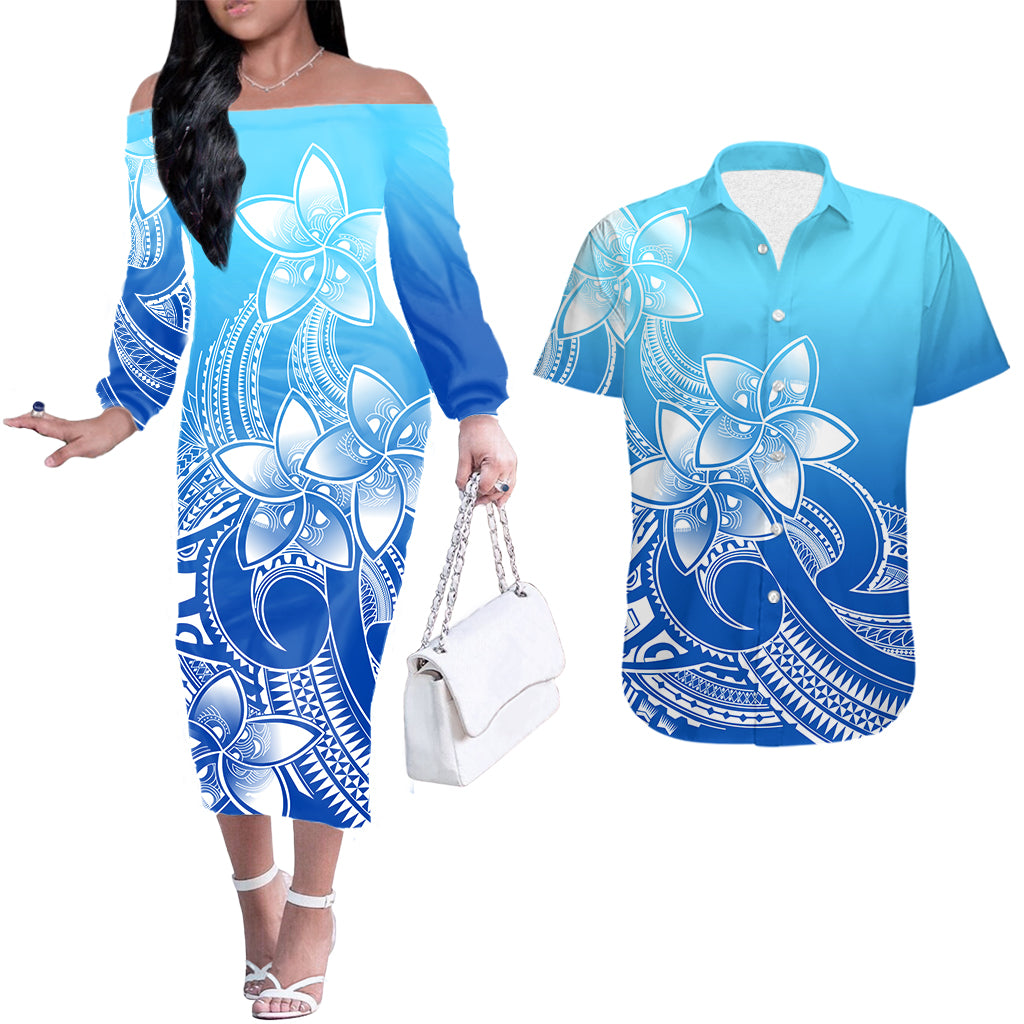 polynesian-couple-outfits-plumeria-flowers-couples-long-sleeve-dress-and-hawaiian-shirt-polynesian-tribal-gradient-blue