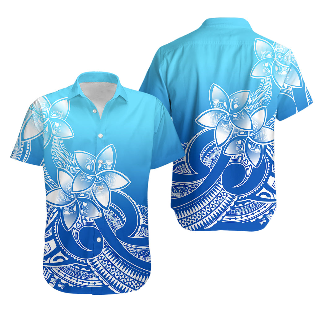 Polynesian Couple Outfits Plumeria Flowers Couples Long Sleeve Dress and Hawaiian Shirt Polynesian Tribal Gradient Blue LT9 - Wonder Print Shop
