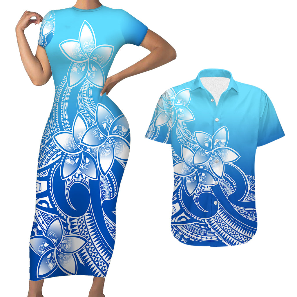 Polynesian Couple Outfits Plumeria Flowers Short Sleeve Body Long Dress and Hawaiian Shirt Polynesian Tribal Gradient Blue LT9 - Wonder Print Shop