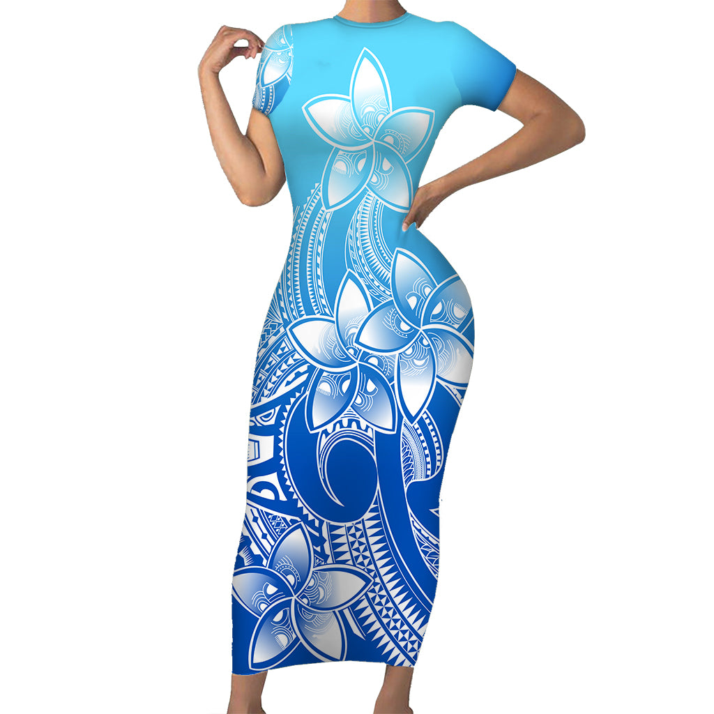 Polynesian Couple Outfits Plumeria Flowers Short Sleeve Body Long Dress and Hawaiian Shirt Polynesian Tribal Gradient Blue LT9 - Wonder Print Shop