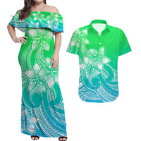 Polynesian Couple Outfits Plumeria Flowers Couples Long Dress and Hawaiian Shirt Polynesian Tribal Gradient Green LT9 - Wonder Print Shop