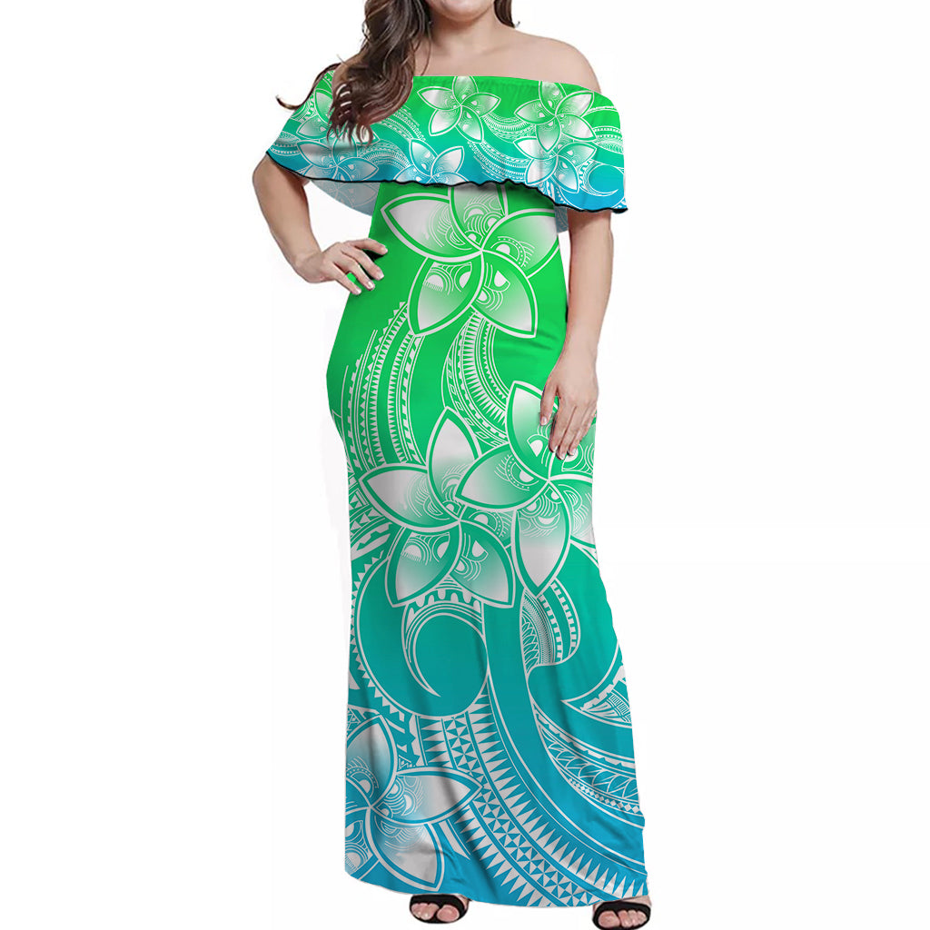 Polynesian Couple Outfits Plumeria Flowers Couples Long Dress and Hawaiian Shirt Polynesian Tribal Gradient Green LT9 - Wonder Print Shop