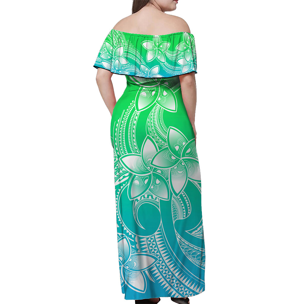 Polynesian Couple Outfits Plumeria Flowers Couples Long Dress and Hawaiian Shirt Polynesian Tribal Gradient Green LT9 - Wonder Print Shop