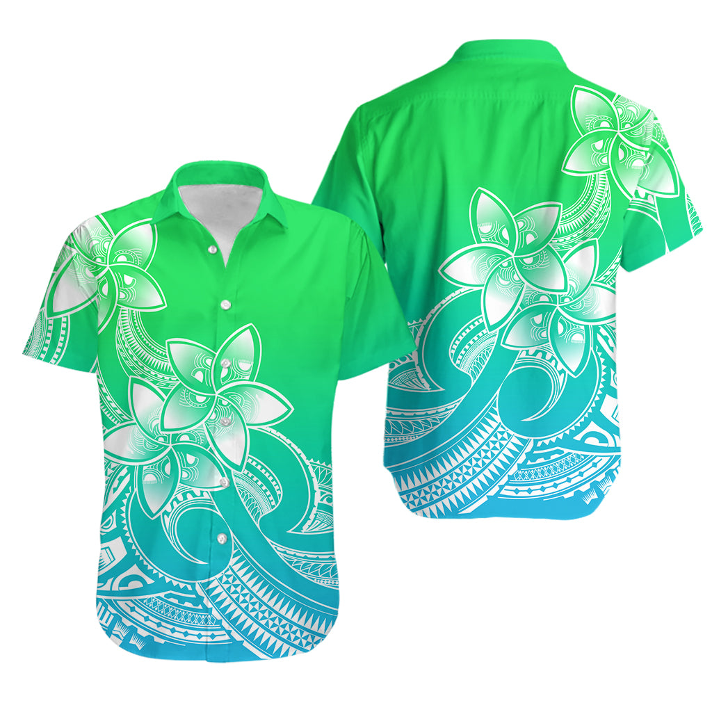 Polynesian Couple Outfits Plumeria Flowers Couples Long Dress and Hawaiian Shirt Polynesian Tribal Gradient Green LT9 - Wonder Print Shop