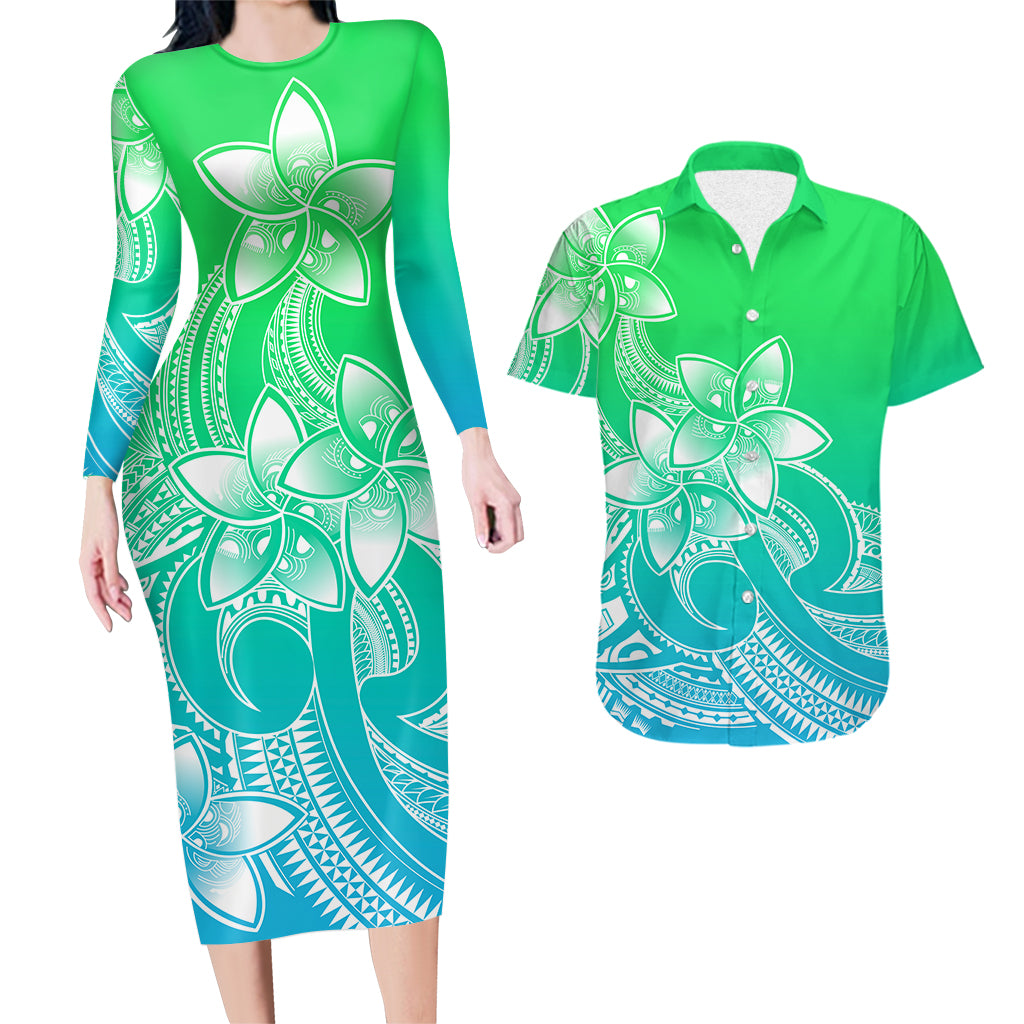 Polynesian Couple Outfits Plumeria Flowers Couples Bodycon Dress Hawaiian Shirt Polynesian Tribal Gradient Green LT9 - Wonder Print Shop