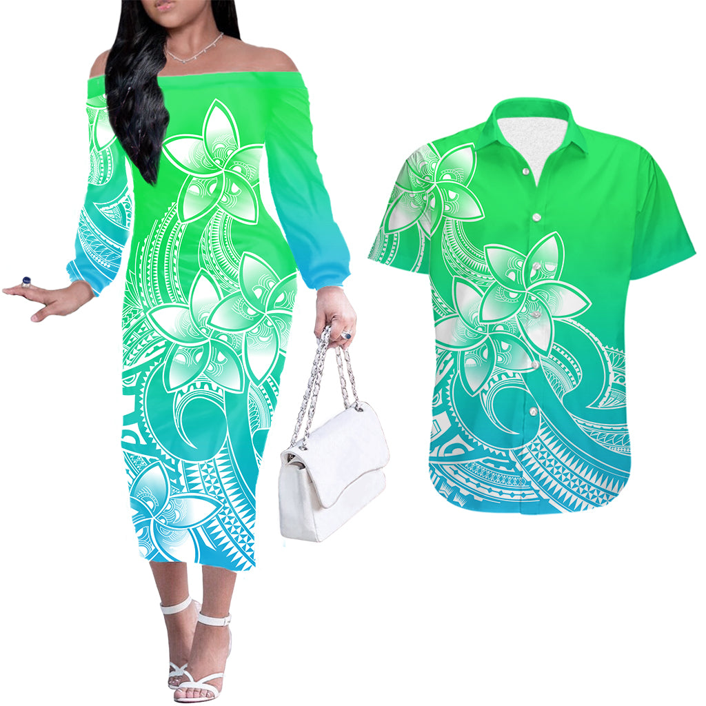 Polynesian Couple Outfits Plumeria Flowers Couples Long Sleeve Dress and Hawaiian Shirt Polynesian Tribal Gradient Green LT9 - Wonder Print Shop