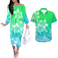 Polynesian Couple Outfits Plumeria Flowers Couples Long Sleeve Dress and Hawaiian Shirt Polynesian Tribal Gradient Green LT9 - Wonder Print Shop