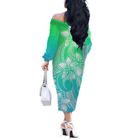 Polynesian Couple Outfits Plumeria Flowers Couples Long Sleeve Dress and Hawaiian Shirt Polynesian Tribal Gradient Green LT9 - Wonder Print Shop