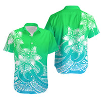 Polynesian Couple Outfits Plumeria Flowers Couples Long Sleeve Dress and Hawaiian Shirt Polynesian Tribal Gradient Green LT9 - Wonder Print Shop