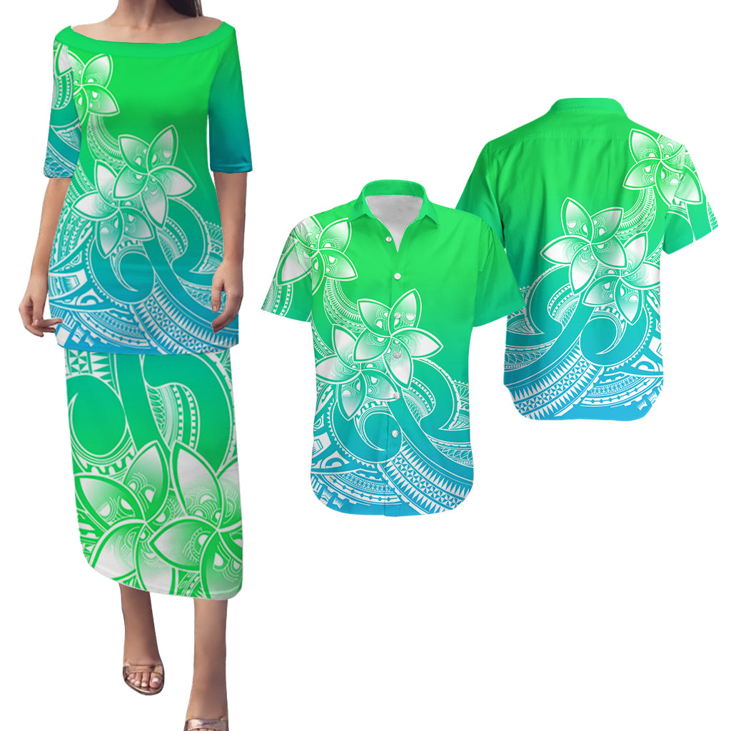 Polynesian Couple Outfits Plumeria Flowers Puletasi Dress and Hawaiian Shirt Polynesian Tribal Gradient Green LT9 - Wonder Print Shop