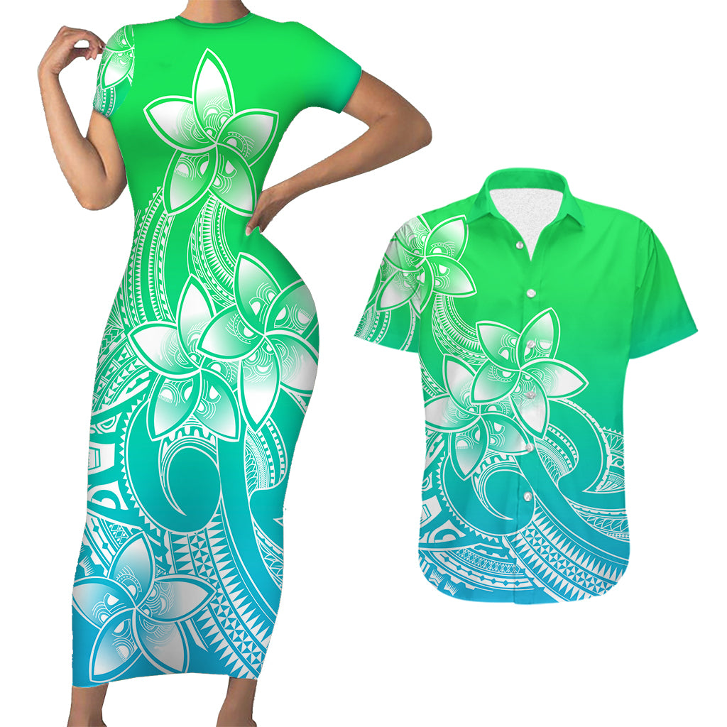 Polynesian Couple Outfits Plumeria Flowers Short Sleeve Body Long Dress and Hawaiian Shirt Polynesian Tribal Gradient Green LT9 - Wonder Print Shop