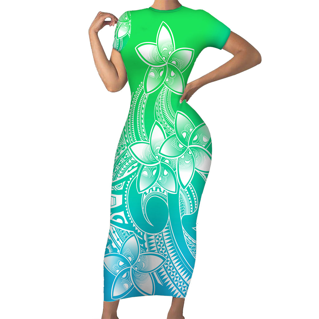 Polynesian Couple Outfits Plumeria Flowers Short Sleeve Body Long Dress and Hawaiian Shirt Polynesian Tribal Gradient Green LT9 - Wonder Print Shop
