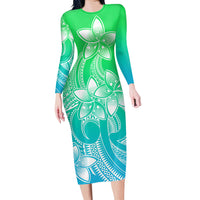 polynesian-pride-plumeria-flowers-long-sleeve-dress-polynesian-tribal-gradient-green