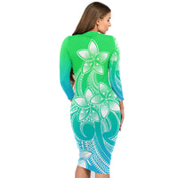polynesian-pride-plumeria-flowers-long-sleeve-dress-polynesian-tribal-gradient-green