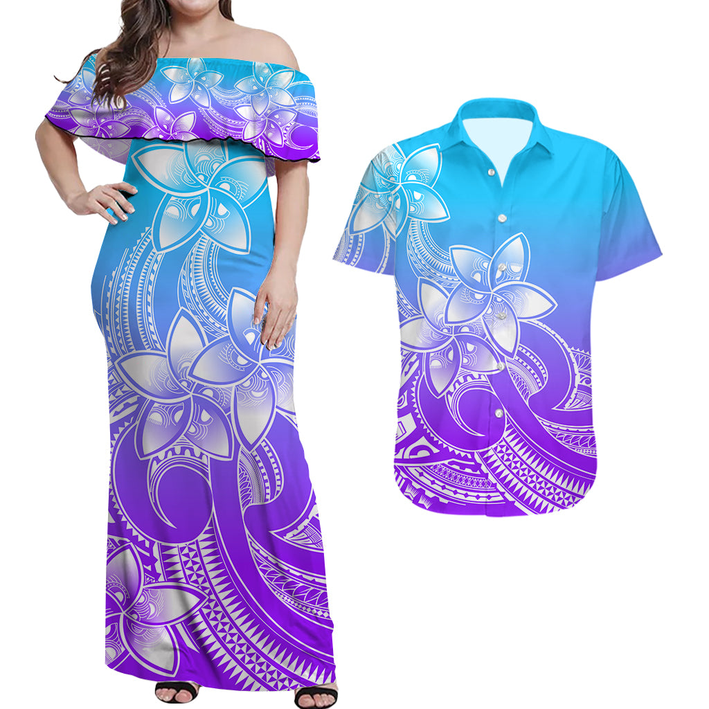 Polynesian Couple Outfits Plumeria Flowers Couples Long Dress and Hawaiian Shirt Polynesian Tribal Gradient Purple LT9 - Wonder Print Shop