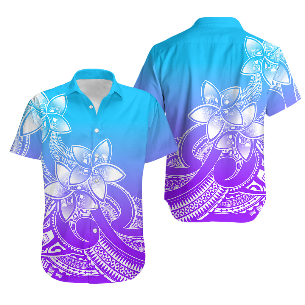 Polynesian Couple Outfits Plumeria Flowers Couples Long Dress and Hawaiian Shirt Polynesian Tribal Gradient Purple LT9 - Wonder Print Shop