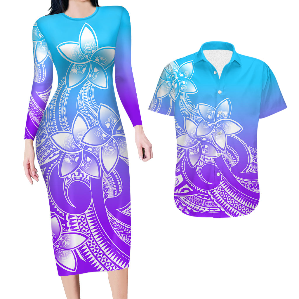Polynesian Couple Outfits Plumeria Flowers Couples Bodycon Dress Hawaiian Shirt Polynesian Tribal Gradient Purple LT9 - Wonder Print Shop