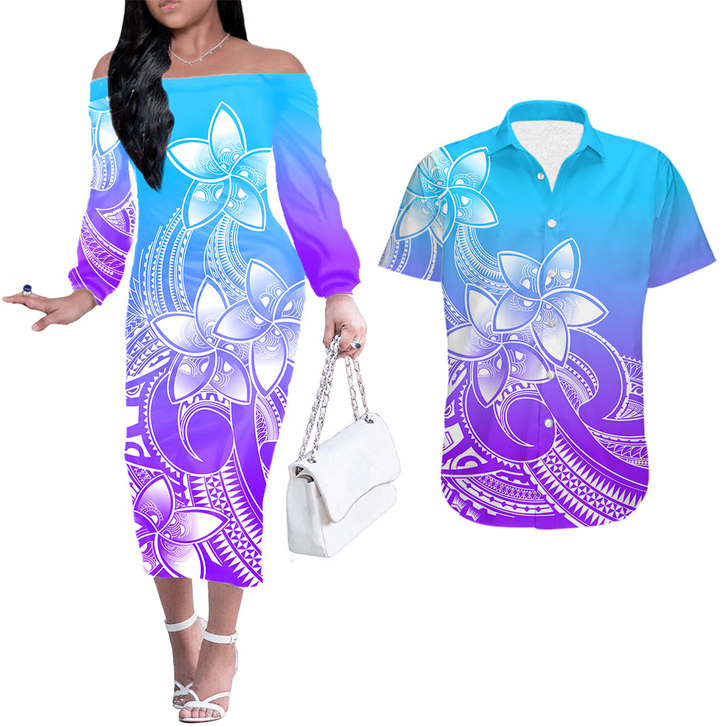 Polynesian Couple Outfits Plumeria Flowers Couples Long Sleeve Dress and Hawaiian Shirt Polynesian Tribal Gradient Purple LT9 - Wonder Print Shop