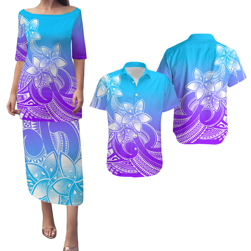 Polynesian Couple Outfits Plumeria Flowers Puletasi Dress and Hawaiian Shirt Polynesian Tribal Gradient Purple LT9 - Wonder Print Shop