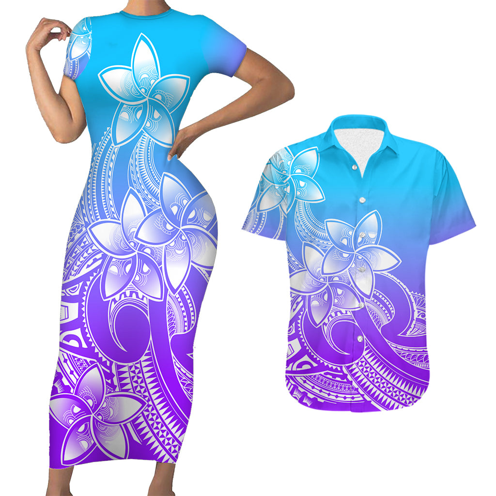Polynesian Couple Outfits Plumeria Flowers Short Sleeve Body Long Dress and Hawaiian Shirt Polynesian Tribal Gradient Purple LT9 - Wonder Print Shop