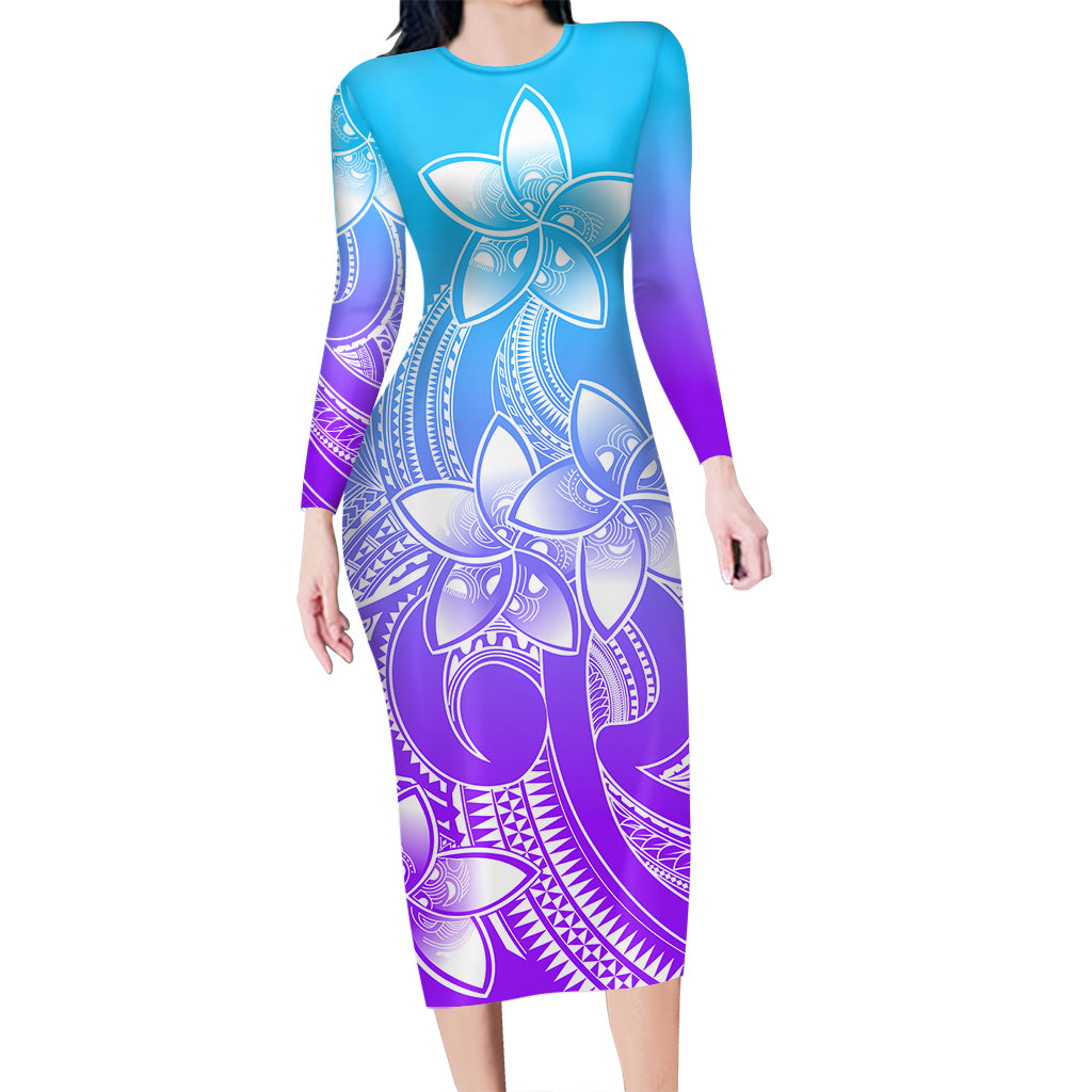 polynesian-pride-plumeria-flowers-long-sleeve-dress-polynesian-tribal-gradient-purple