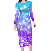 polynesian-pride-plumeria-flowers-long-sleeve-dress-polynesian-tribal-gradient-purple