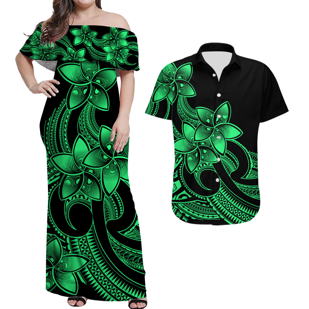 Polynesian Couple Outfits Plumeria Flowers Couples Long Dress and Hawaiian Shirt Polynesian Tribal Green Vibe LT9 - Wonder Print Shop