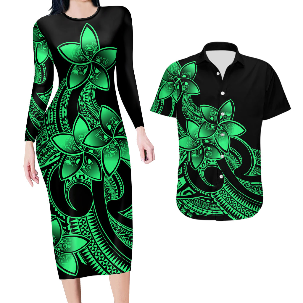 Polynesian Couple Outfits Plumeria Flowers Couples Bodycon Dress Hawaiian Shirt Polynesian Tribal Green Vibe LT9 - Wonder Print Shop