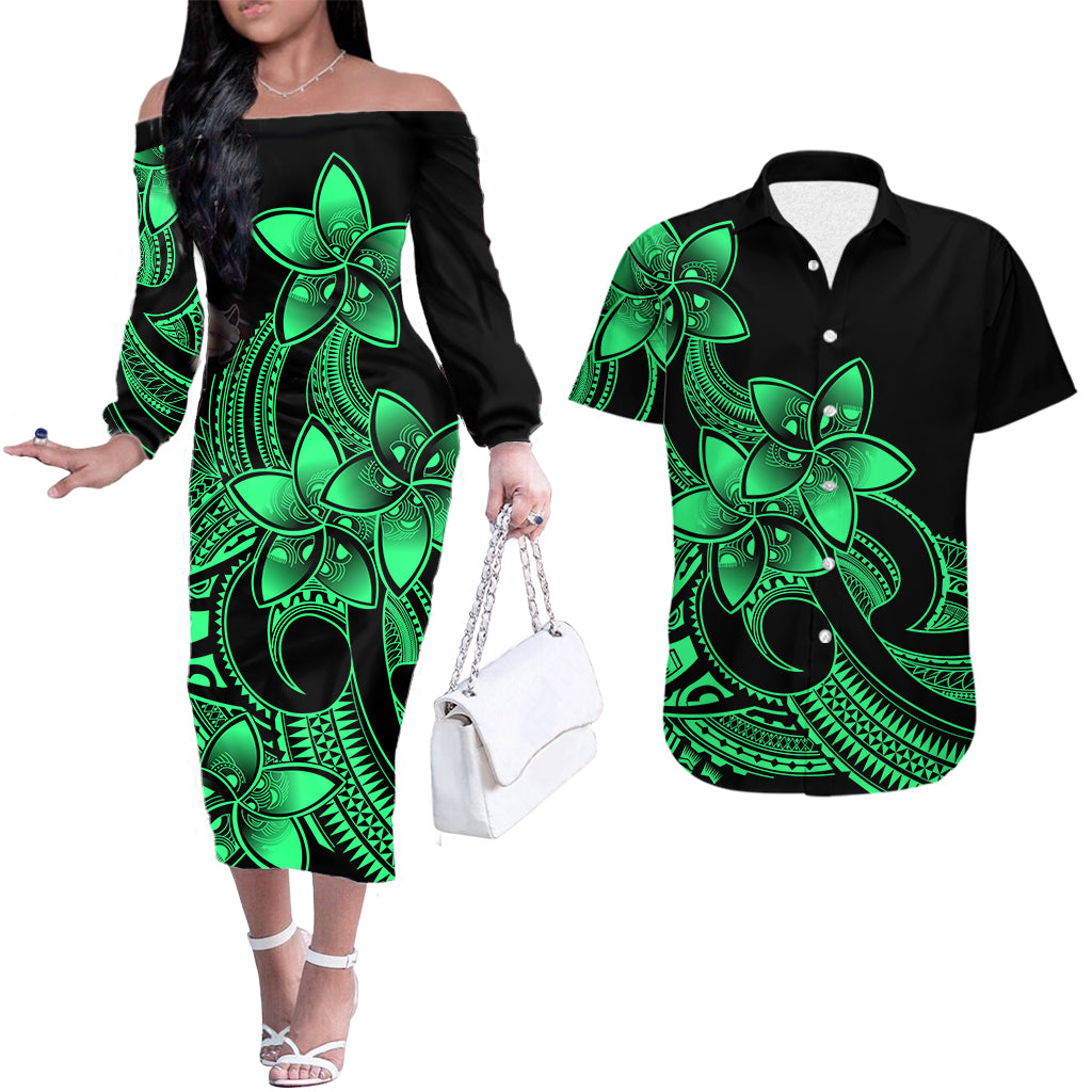Polynesian Couple Outfits Plumeria Flowers Couples Long Sleeve Dress and Hawaiian Shirt Polynesian Tribal Green Vibe LT9 - Wonder Print Shop
