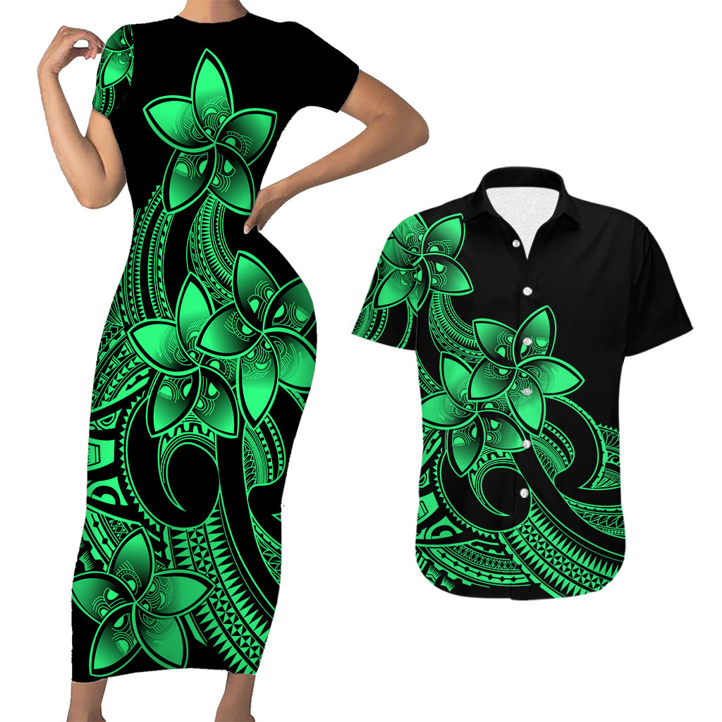 Polynesian Couple Outfits Plumeria Flowers Short Sleeve Body Long Dress and Hawaiian Shirt Polynesian Tribal Green Vibe LT9 - Wonder Print Shop