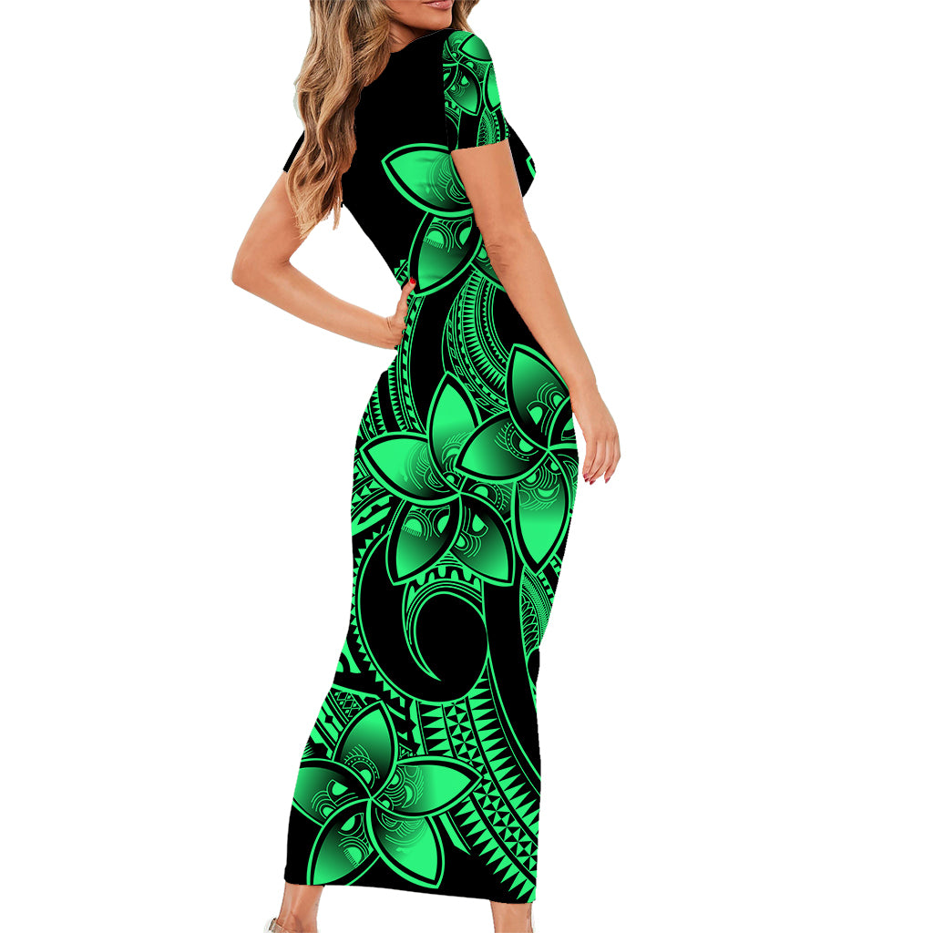 Polynesian Couple Outfits Plumeria Flowers Short Sleeve Body Long Dress and Hawaiian Shirt Polynesian Tribal Green Vibe LT9 - Wonder Print Shop