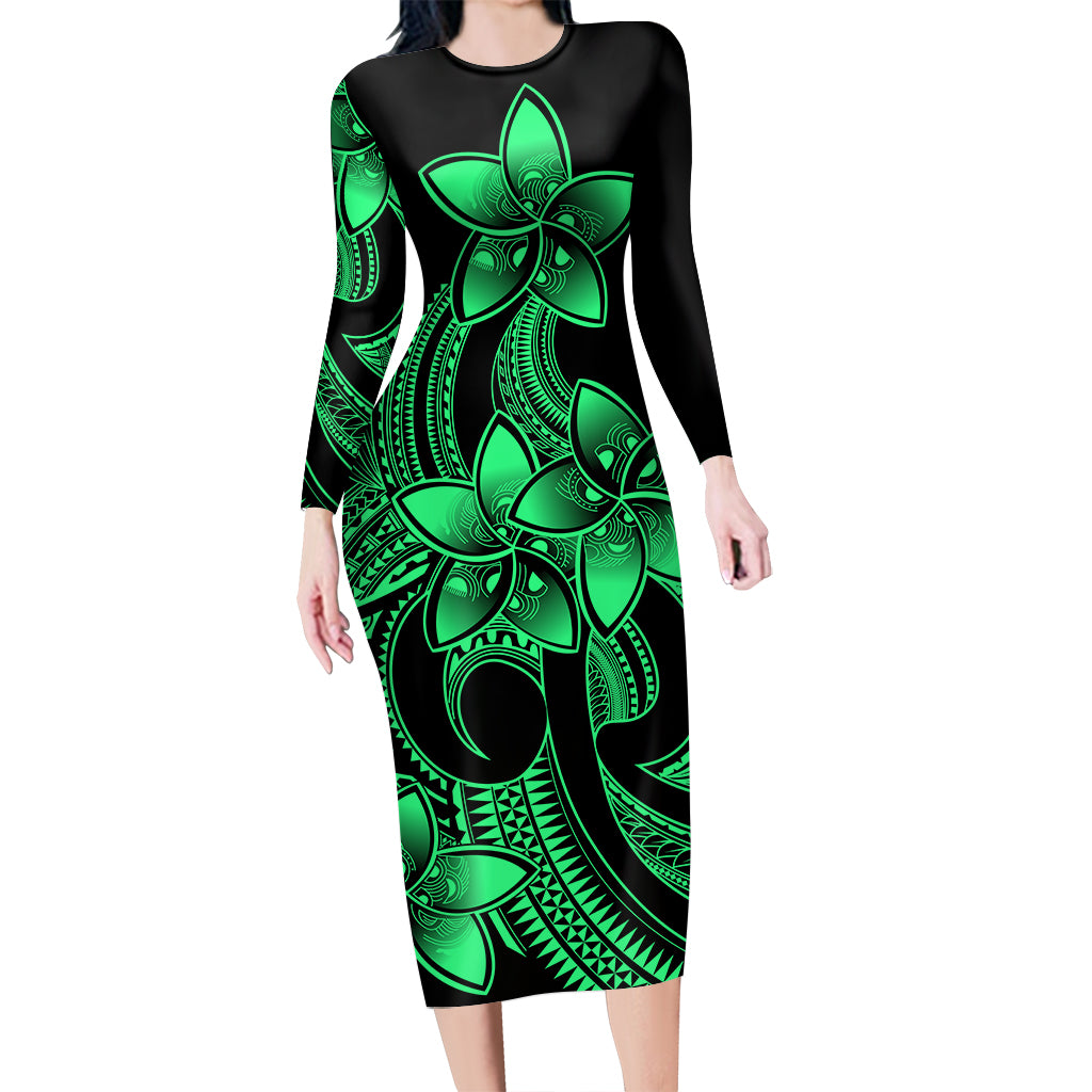 polynesian-pride-plumeria-flowers-long-sleeve-dress-polynesian-tribal-green-vibe