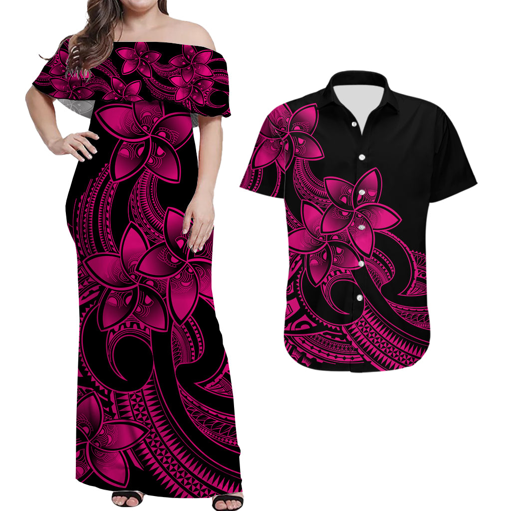 Polynesian Couple Outfits Plumeria Flowers Couples Long Dress and Hawaiian Shirt Polynesian Tribal Pink Vibe LT9 - Wonder Print Shop