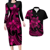 Polynesian Couple Outfits Plumeria Flowers Couples Bodycon Dress Hawaiian Shirt Polynesian Tribal Pink Vibe LT9 - Wonder Print Shop