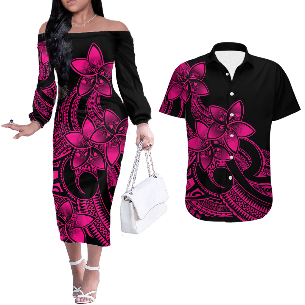 Polynesian Couple Outfits Plumeria Flowers Couples Long Sleeve Dress and Hawaiian Shirt Polynesian Tribal Pink Vibe LT9 - Wonder Print Shop