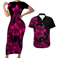 Polynesian Couple Outfits Plumeria Flowers Short Sleeve Body Long Dress and Hawaiian Shirt Polynesian Tribal Pink Vibe LT9 - Wonder Print Shop