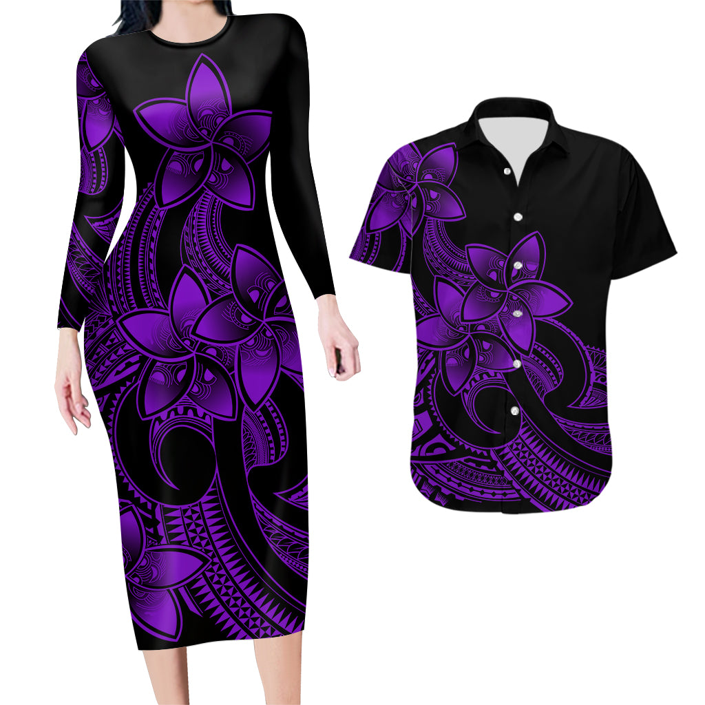 Polynesian Couple Outfits Plumeria Flowers Couples Bodycon Dress Hawaiian Shirt Polynesian Tribal Purple Vibe LT9 - Wonder Print Shop