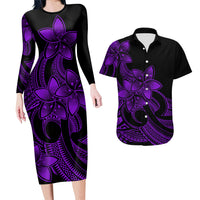 Polynesian Couple Outfits Plumeria Flowers Couples Bodycon Dress Hawaiian Shirt Polynesian Tribal Purple Vibe LT9 - Wonder Print Shop