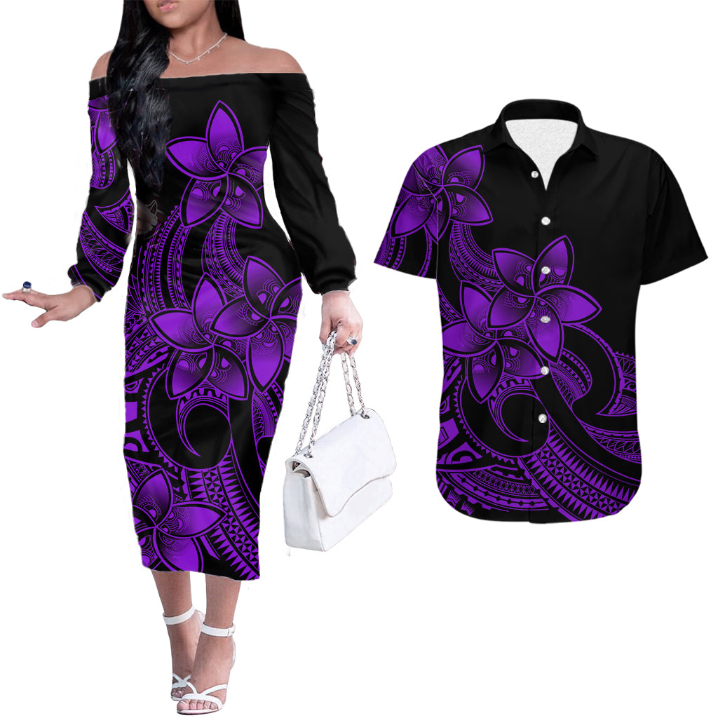 Polynesian Couple Outfits Plumeria Flowers Couples Long Sleeve Dress and Hawaiian Shirt Polynesian Tribal Purple Vibe LT9 - Wonder Print Shop