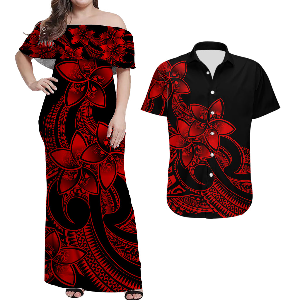 Polynesian Couple Outfits Plumeria Flowers Couples Long Dress and Hawaiian Shirt Polynesian Tribal Red Vibe LT9 - Wonder Print Shop