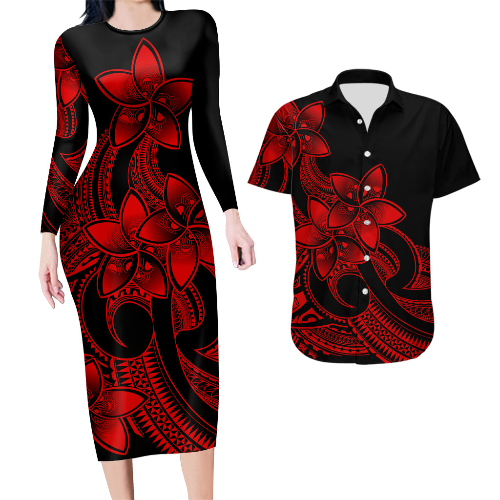 Polynesian Couple Outfits Plumeria Flowers Couples Bodycon Dress Hawaiian Shirt Polynesian Tribal Red Vibe LT9 - Wonder Print Shop
