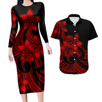 Polynesian Couple Outfits Plumeria Flowers Couples Bodycon Dress Hawaiian Shirt Polynesian Tribal Red Vibe LT9 - Wonder Print Shop