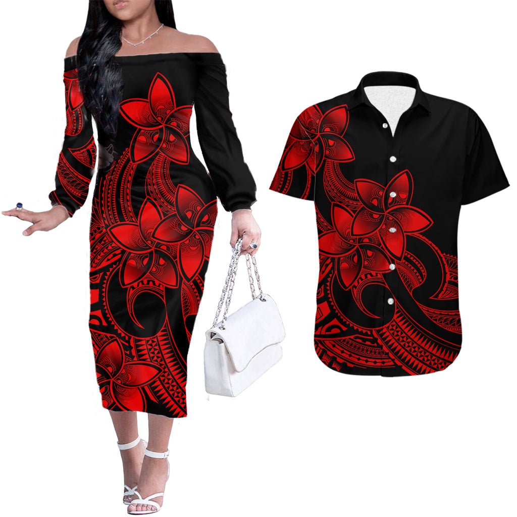 Polynesian Couple Outfits Plumeria Flowers Couples Long Sleeve Dress and Hawaiian Shirt Polynesian Tribal Red Vibe LT9 - Wonder Print Shop