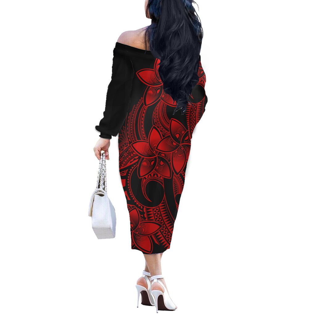 Polynesian Couple Outfits Plumeria Flowers Couples Long Sleeve Dress and Hawaiian Shirt Polynesian Tribal Red Vibe LT9 - Wonder Print Shop