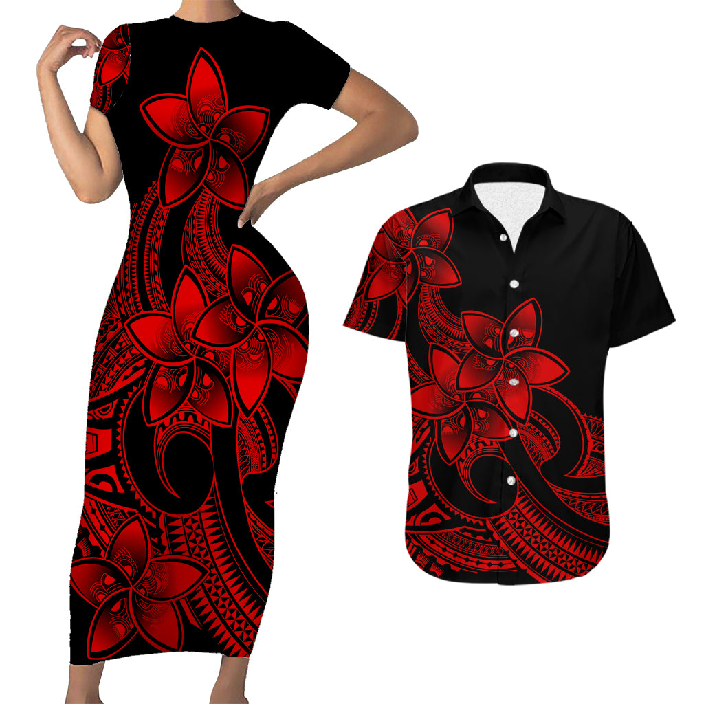 Polynesian Couple Outfits Plumeria Flowers Short Sleeve Body Long Dress and Hawaiian Shirt Polynesian Tribal Red Vibe LT9 - Wonder Print Shop