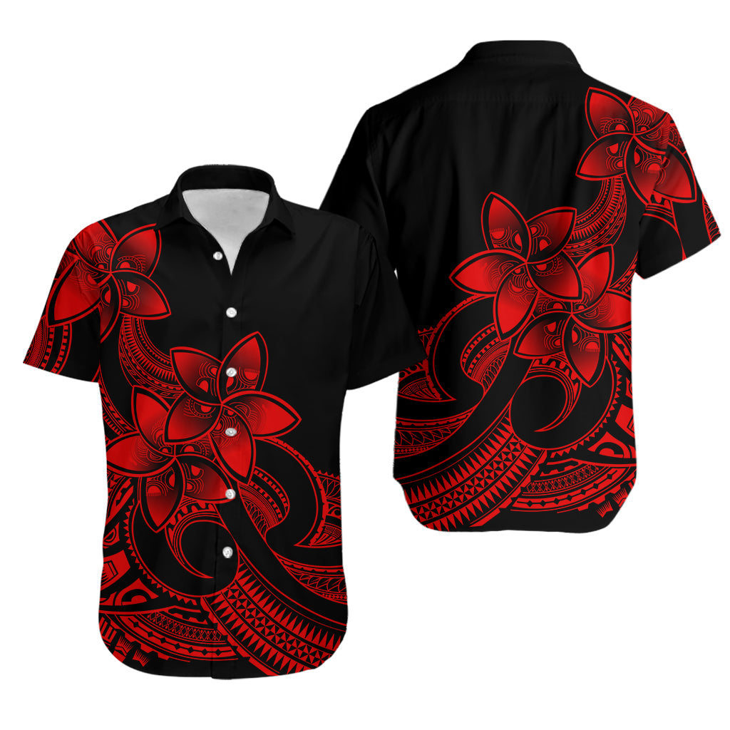 Polynesian Couple Outfits Plumeria Flowers Short Sleeve Body Long Dress and Hawaiian Shirt Polynesian Tribal Red Vibe LT9 - Wonder Print Shop